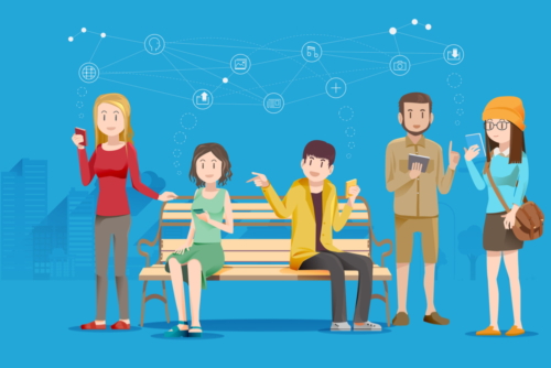 Vector image of young people on phones